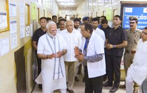 **EDS: THIRD PARTY IMAGE** Ahmedabad: In this video grab via PMO, Prime Minister Narendra Modi with Gujarat Chief Minister Bhupendra Patel visits a hospital where victims of the Air India plane crash were admitted, in Ahmedabad, Friday, June 13, 2025. A London-bound Air India plane carrying 242 passengers crashed moments after taking off from the Ahmedabad airport on Thursday. (PMO via PTI Photo)(PTI06_13_2025_000065B)